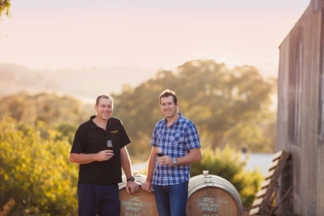Two men drinking wine in the vineyard